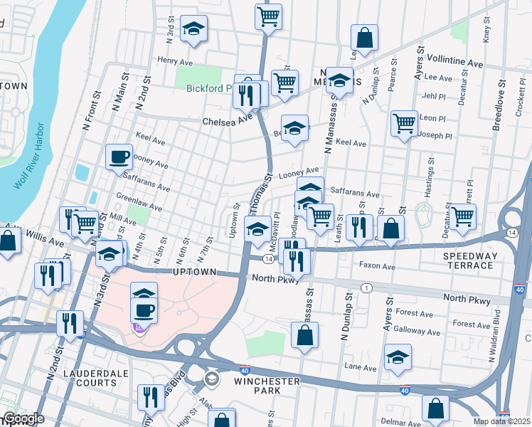 map of restaurants, bars, coffee shops, grocery stores, and more near 638 Peyton Circle in Memphis
