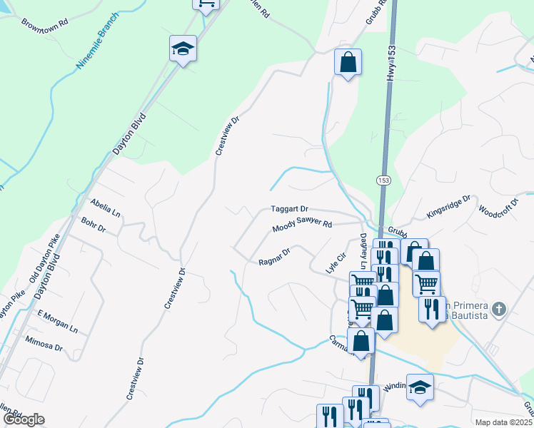 map of restaurants, bars, coffee shops, grocery stores, and more near 5722 Taggart Drive in Chattanooga