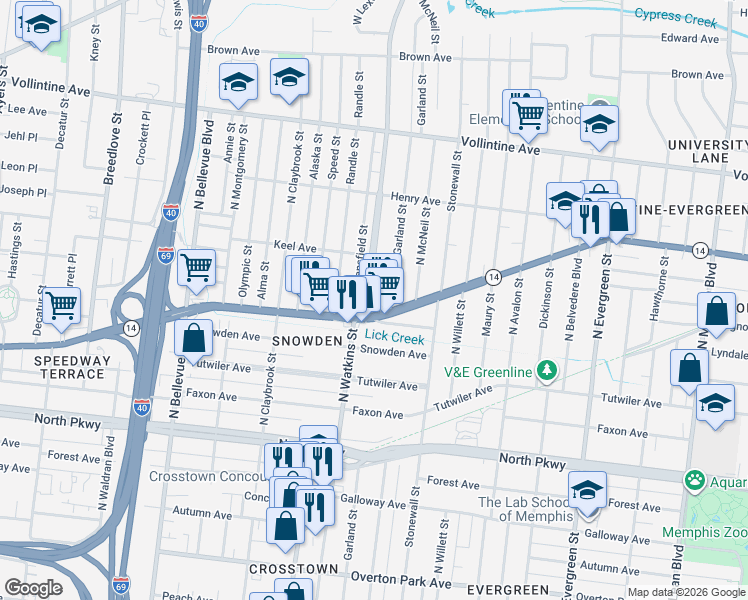 map of restaurants, bars, coffee shops, grocery stores, and more near 726 North Watkins Street in Memphis