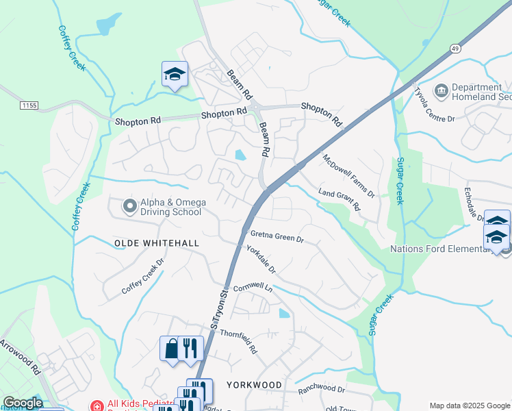 map of restaurants, bars, coffee shops, grocery stores, and more near South Tryon Street in Charlotte