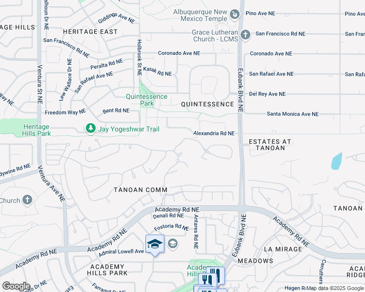 map of restaurants, bars, coffee shops, grocery stores, and more near 9901 Tanoan Drive Northeast in Albuquerque