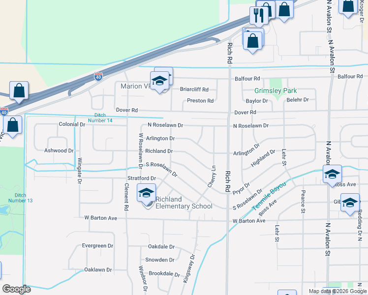 map of restaurants, bars, coffee shops, grocery stores, and more near 901 Richland Drive in West Memphis