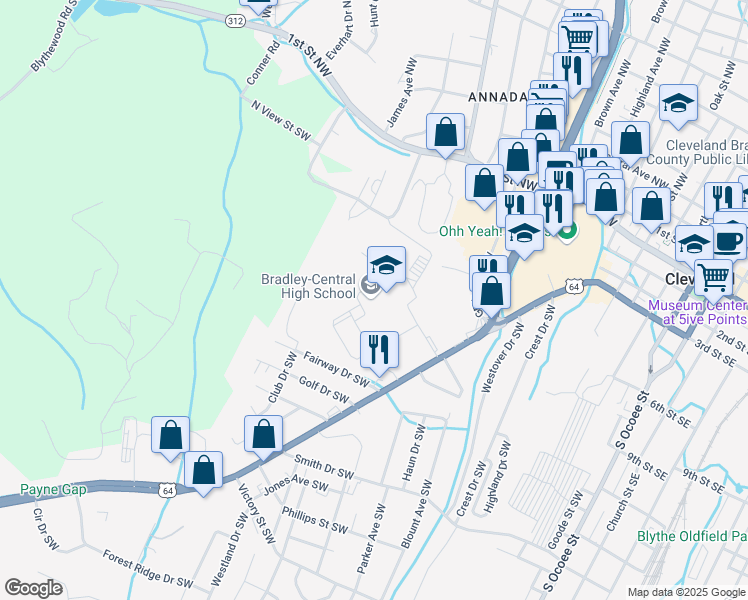 map of restaurants, bars, coffee shops, grocery stores, and more near 1000 South Lee Highway in Cleveland