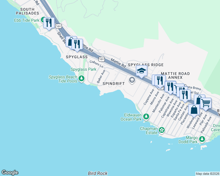map of restaurants, bars, coffee shops, grocery stores, and more near 129 Park Place in Pismo Beach