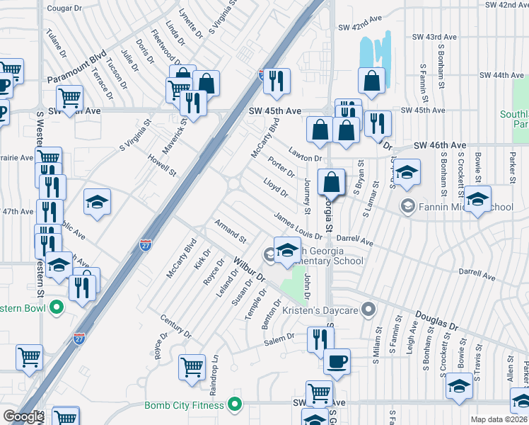map of restaurants, bars, coffee shops, grocery stores, and more near 2814 John Drive in Amarillo