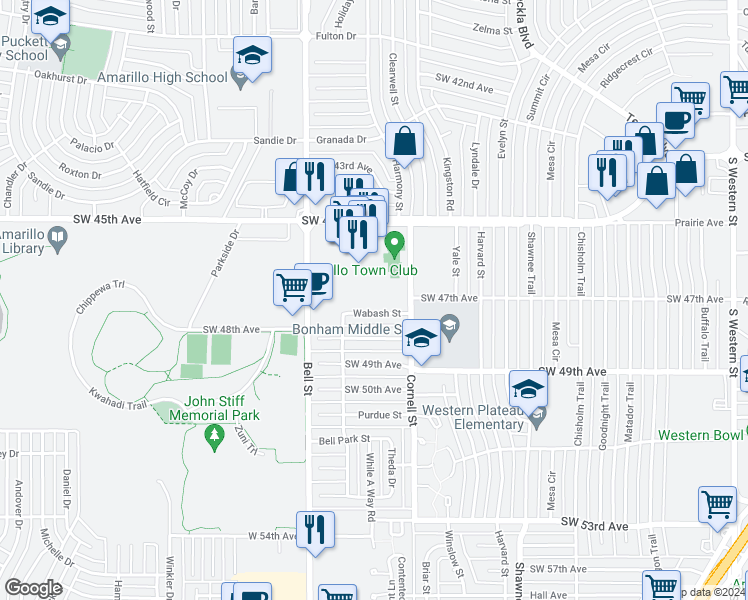 map of restaurants, bars, coffee shops, grocery stores, and more near 5700 Wabash Street in Amarillo
