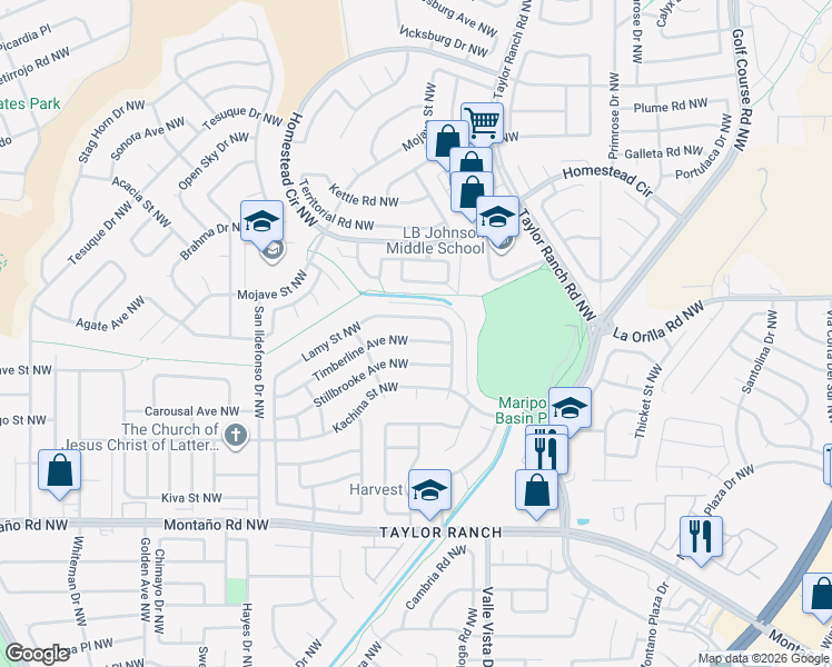 map of restaurants, bars, coffee shops, grocery stores, and more near 5324 Timberline Avenue Northwest in Albuquerque