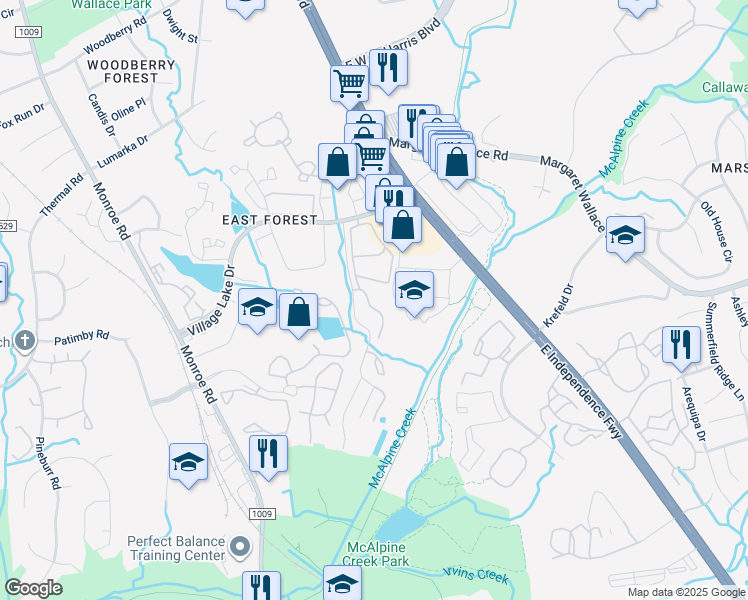 map of restaurants, bars, coffee shops, grocery stores, and more near 7505 Creekridge Road in Charlotte