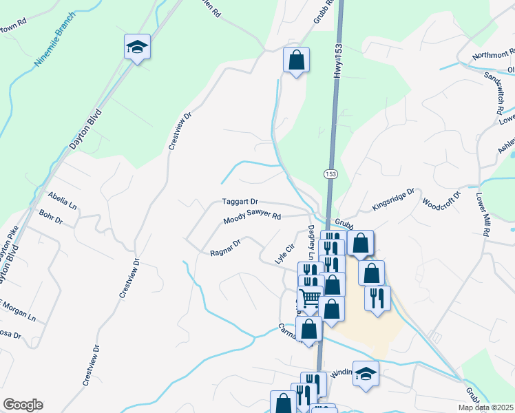 map of restaurants, bars, coffee shops, grocery stores, and more near 5826 Moody Sawyer Road in Chattanooga