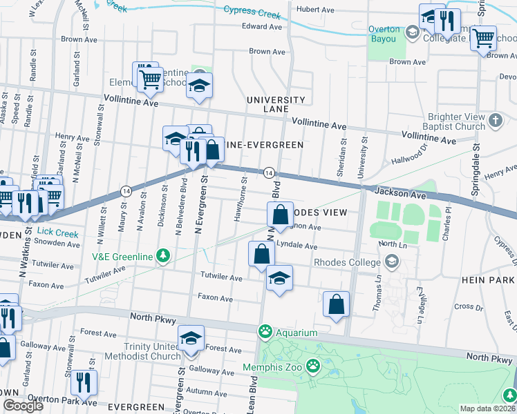 map of restaurants, bars, coffee shops, grocery stores, and more near 1839 Mignon Avenue in Memphis