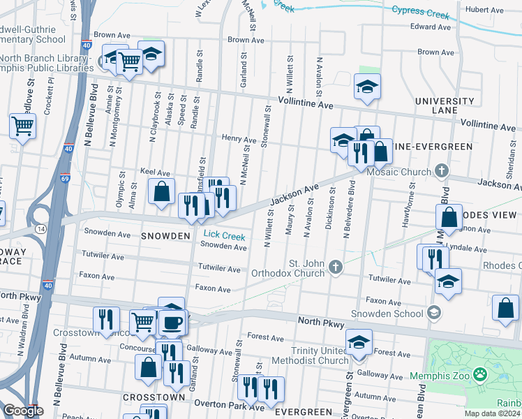 map of restaurants, bars, coffee shops, grocery stores, and more near 725 North Willett Street in Memphis