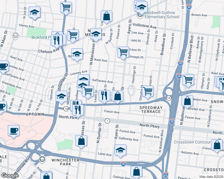 map of restaurants, bars, coffee shops, grocery stores, and more near 660 North Dunlap Street in Memphis