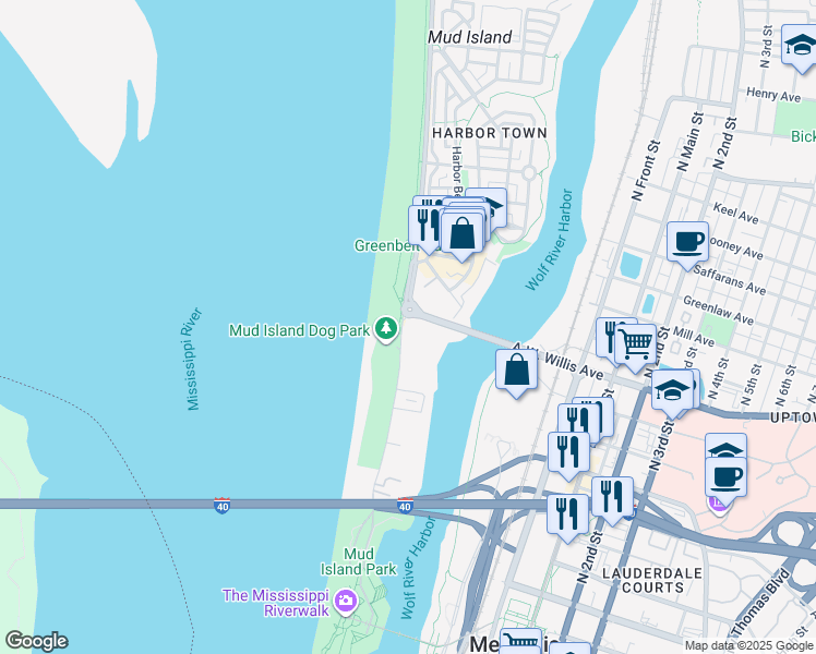 map of restaurants, bars, coffee shops, grocery stores, and more near 95 A.W. Willis Avenue in Memphis