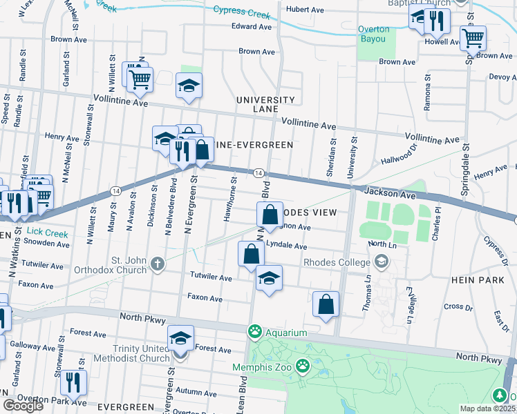 map of restaurants, bars, coffee shops, grocery stores, and more near 1839 Mignon Avenue in Memphis