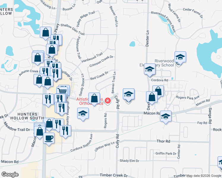 map of restaurants, bars, coffee shops, grocery stores, and more near 1223 Beaver Trail Drive in Memphis