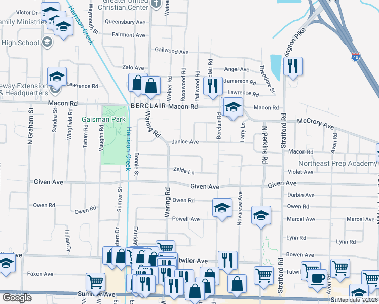 map of restaurants, bars, coffee shops, grocery stores, and more near 4389 Ferndale Road in Memphis