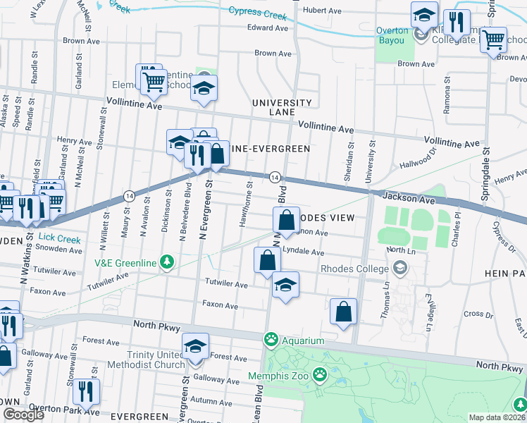 map of restaurants, bars, coffee shops, grocery stores, and more near 1839 Mignon Avenue in Memphis