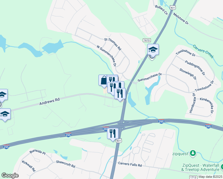 map of restaurants, bars, coffee shops, grocery stores, and more near 150 Andrews Road in Fayetteville