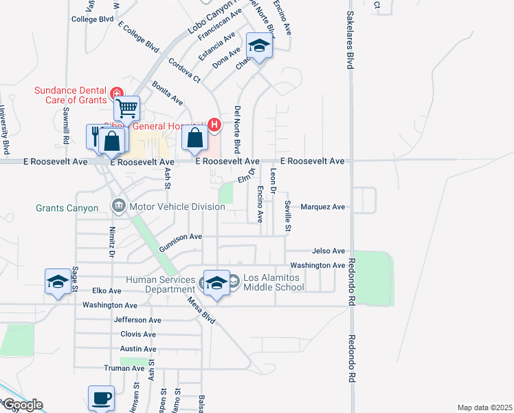 map of restaurants, bars, coffee shops, grocery stores, and more near 1033 Encino Avenue in Grants