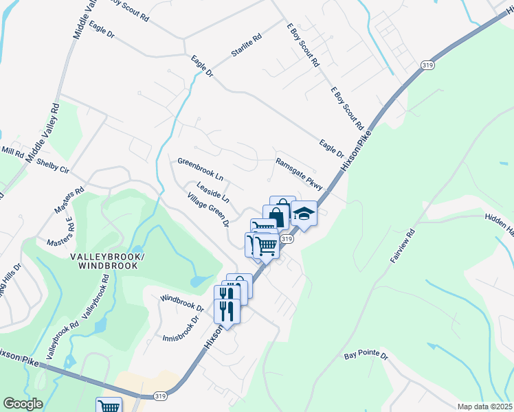 map of restaurants, bars, coffee shops, grocery stores, and more near 6450 Brookmead Circle in Chattanooga