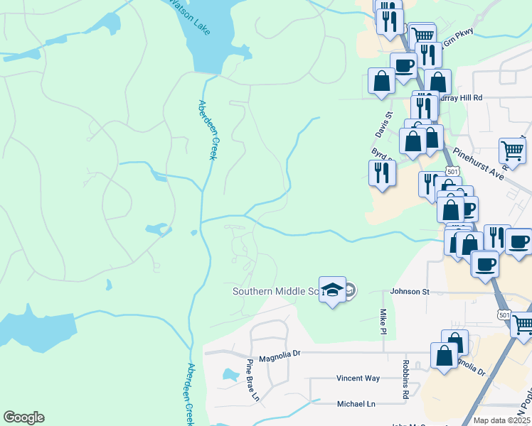 map of restaurants, bars, coffee shops, grocery stores, and more near Royal Dornoch Lane in Pinehurst
