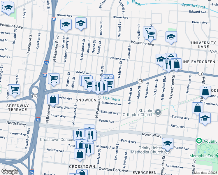 map of restaurants, bars, coffee shops, grocery stores, and more near 1420 Jackson Avenue in Memphis