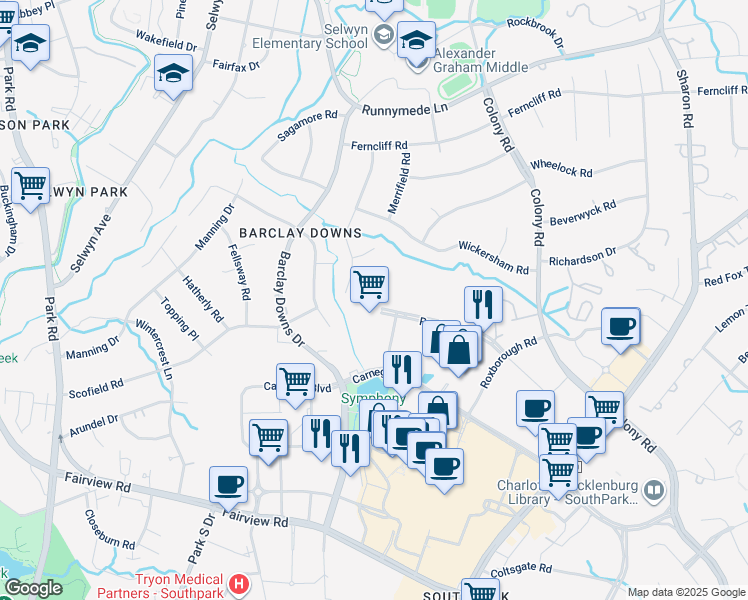map of restaurants, bars, coffee shops, grocery stores, and more near 1915 Rexford Road in Charlotte