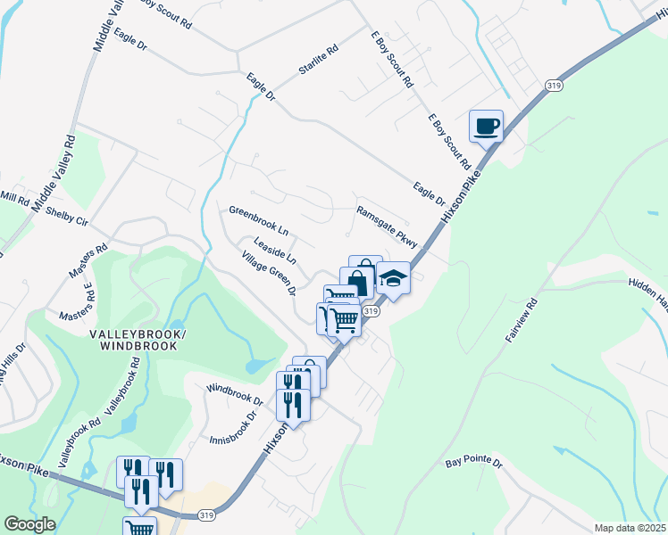 map of restaurants, bars, coffee shops, grocery stores, and more near 6450 Brookmead Circle in Chattanooga