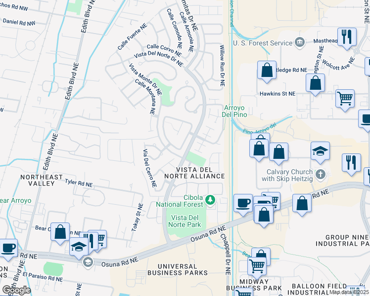 map of restaurants, bars, coffee shops, grocery stores, and more near 7000 Casa Elena Drive Northeast in Albuquerque