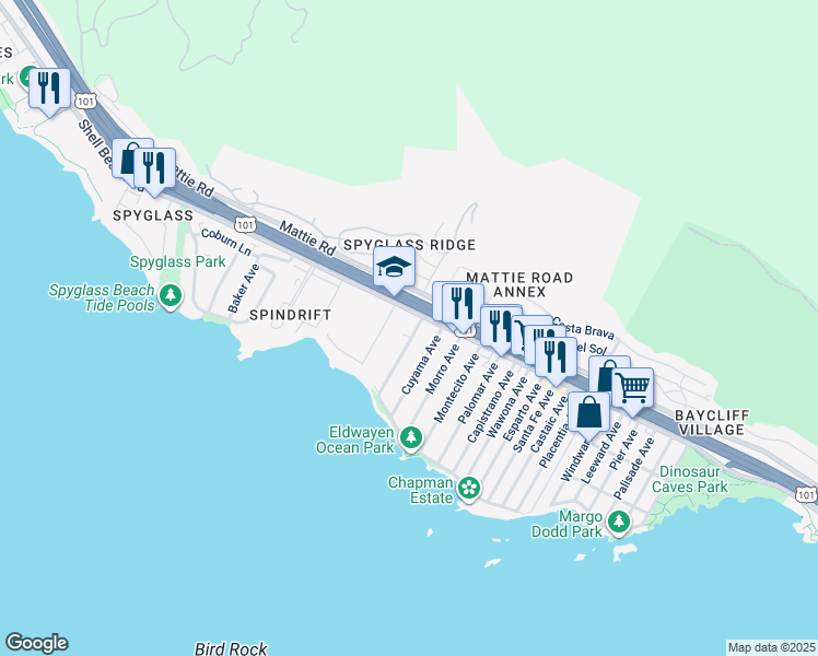 map of restaurants, bars, coffee shops, grocery stores, and more near 135 Vista Del Mar Avenue in Pismo Beach