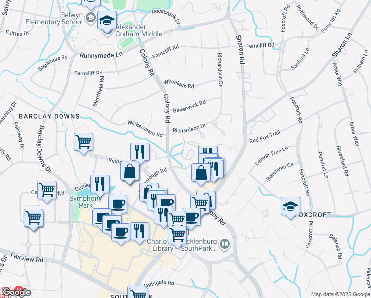 map of restaurants, bars, coffee shops, grocery stores, and more near 2633 Richardson Drive in Charlotte
