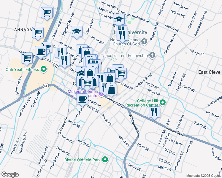 map of restaurants, bars, coffee shops, grocery stores, and more near 220 1st Street Northeast in Cleveland