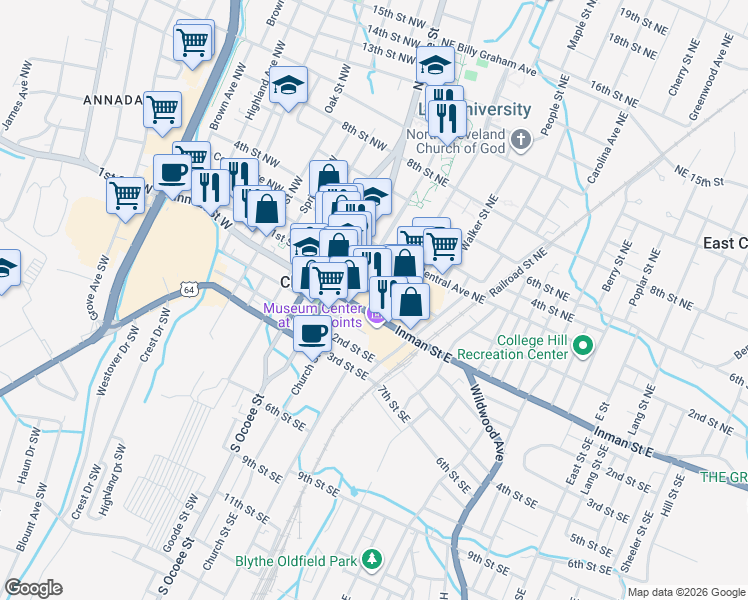 map of restaurants, bars, coffee shops, grocery stores, and more near 44-92 Inman St E in Cleveland