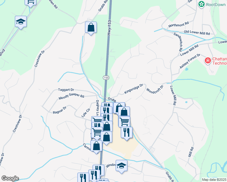 map of restaurants, bars, coffee shops, grocery stores, and more near 5702b Wilder Road in Chattanooga