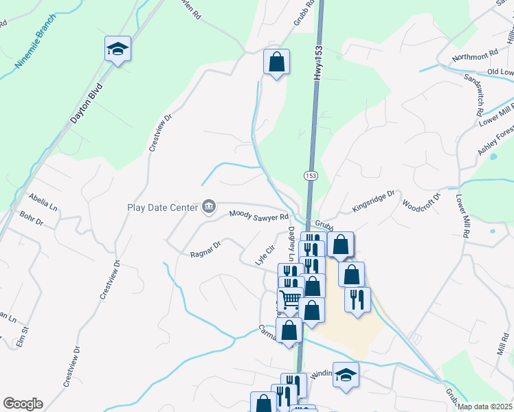 map of restaurants, bars, coffee shops, grocery stores, and more near 5778 Taggart Drive in Chattanooga