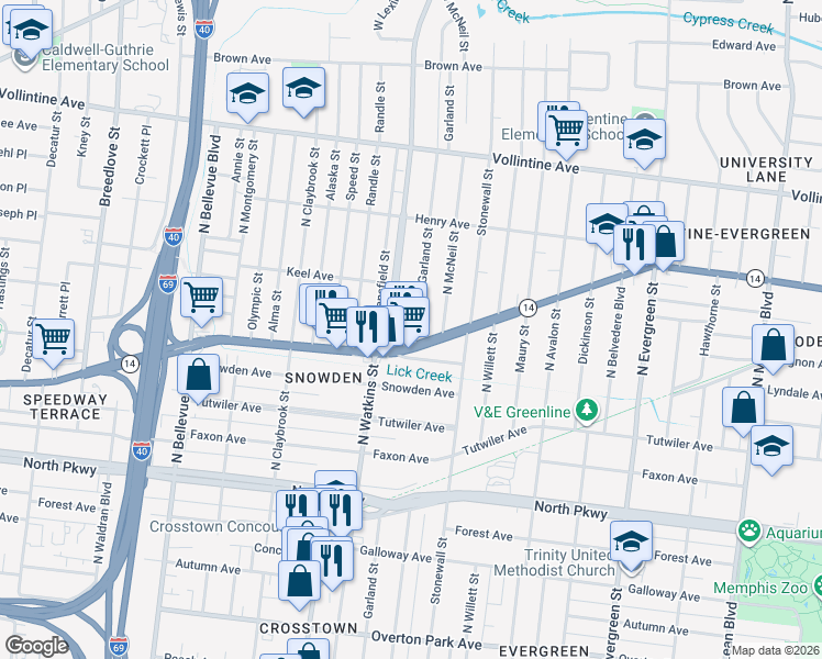 map of restaurants, bars, coffee shops, grocery stores, and more near 1420 Jackson Avenue in Memphis