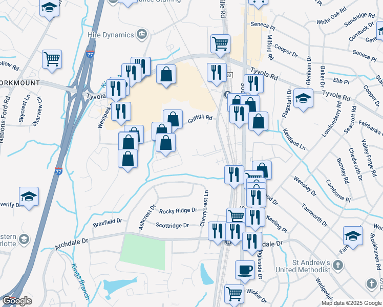 map of restaurants, bars, coffee shops, grocery stores, and more near 6000 Old Pineville Road in Charlotte