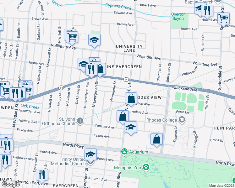 map of restaurants, bars, coffee shops, grocery stores, and more near 1800 Mignon Avenue in Memphis