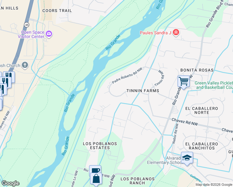 map of restaurants, bars, coffee shops, grocery stores, and more near 1620 Francisca Road Northwest in Los Ranchos de Albuquerque