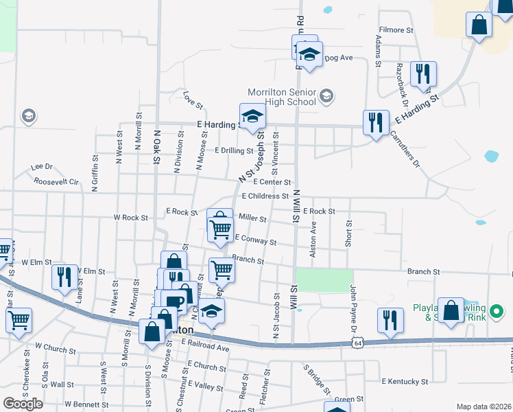 map of restaurants, bars, coffee shops, grocery stores, and more near 703 Saint Vincent Street in Morrilton