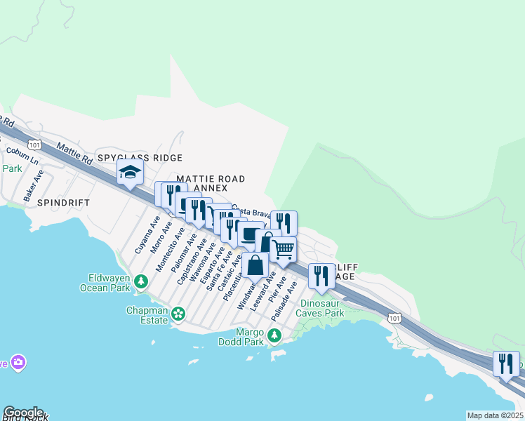 map of restaurants, bars, coffee shops, grocery stores, and more near in Pismo Beach