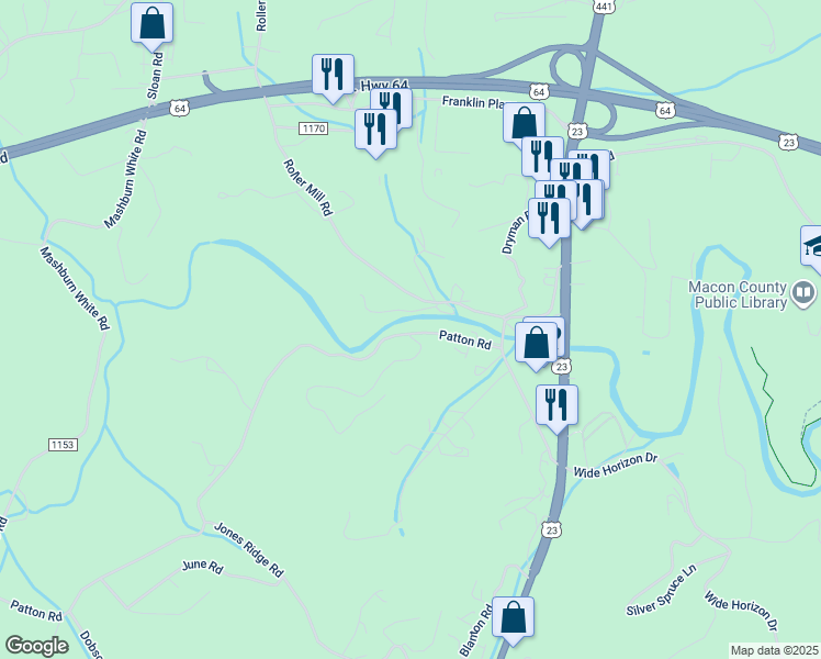 map of restaurants, bars, coffee shops, grocery stores, and more near Patton Avenue in Franklin
