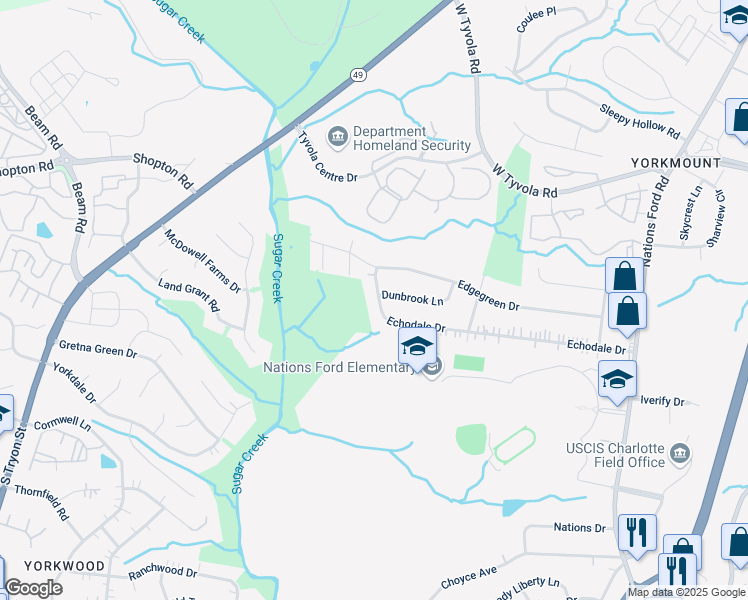 map of restaurants, bars, coffee shops, grocery stores, and more near 115 Echodale Drive in Charlotte