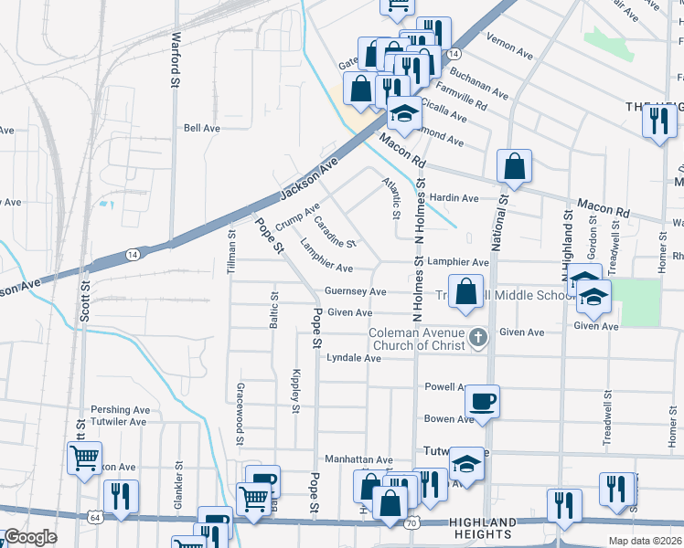map of restaurants, bars, coffee shops, grocery stores, and more near 3181 Lamphier Avenue in Memphis