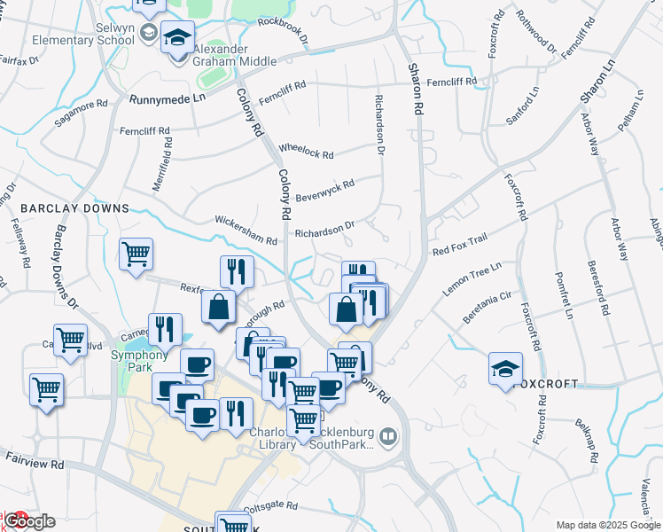 map of restaurants, bars, coffee shops, grocery stores, and more near 2633 Richardson Drive in Charlotte