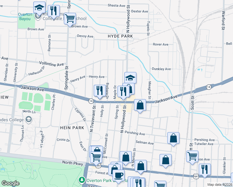 map of restaurants, bars, coffee shops, grocery stores, and more near 837 Maple Drive in Memphis