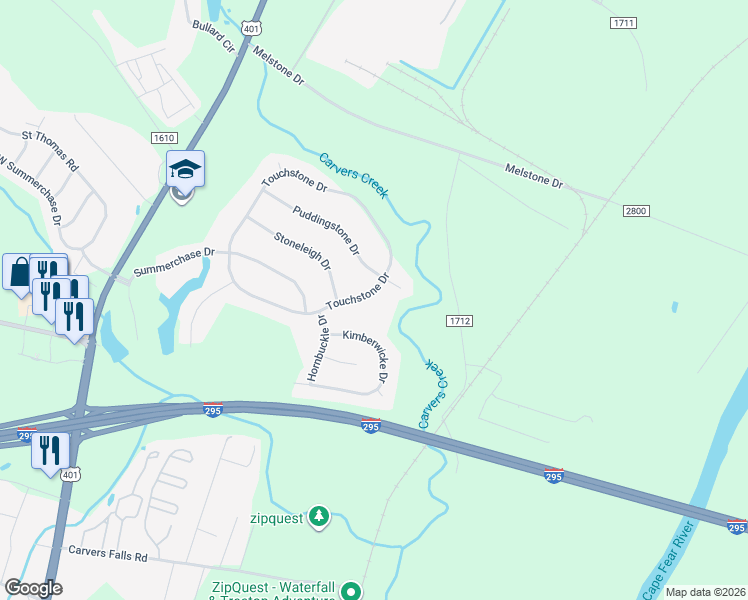 map of restaurants, bars, coffee shops, grocery stores, and more near 6405 Touchstone Drive in Fayetteville