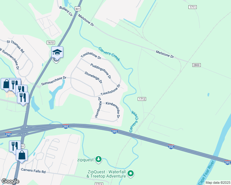 map of restaurants, bars, coffee shops, grocery stores, and more near 6405 Touchstone Drive in Fayetteville