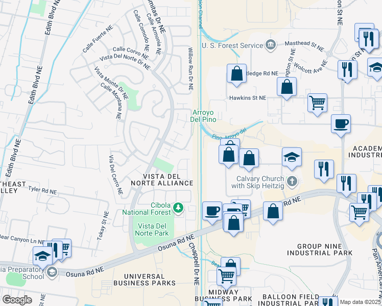 map of restaurants, bars, coffee shops, grocery stores, and more near 7008 Calle Almeria Northeast in Albuquerque
