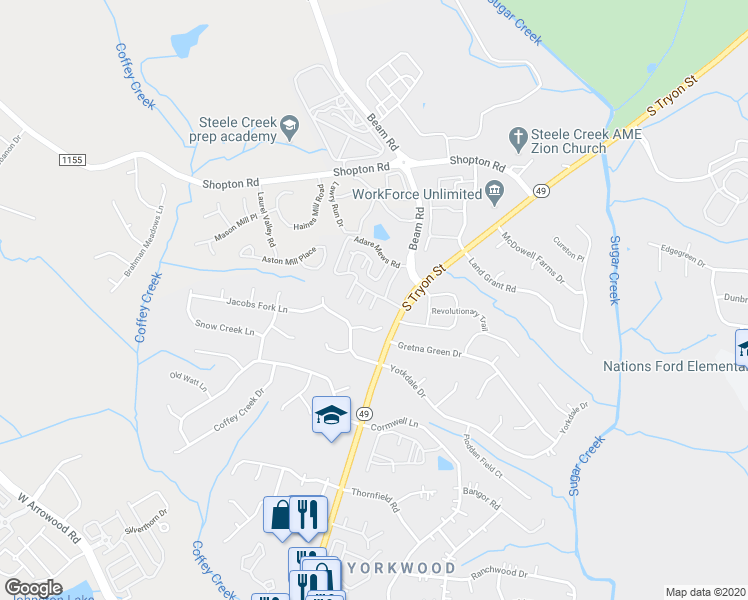 map of restaurants, bars, coffee shops, grocery stores, and more near 7032 Walnut Ridge Ct in Charlotte